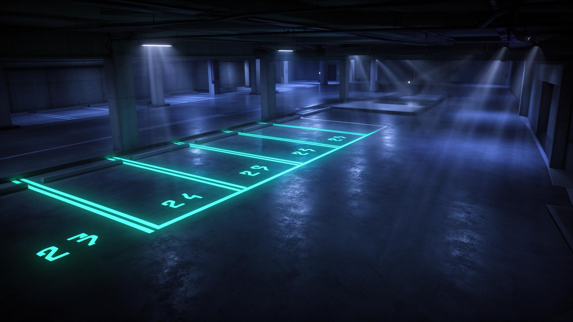A 3D digital twin of an underground parking garage with glowing teal markings on available spots